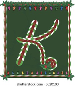Hand drawn Capital K inspired by candy canes, with festive background. File contains no gradients.