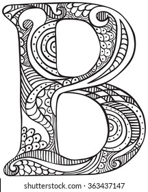 Hand drawn capital letter B in black - coloring sheet for adults