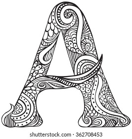 Hand Drawn Capital Letter A In Black - Coloring Sheet For Adults