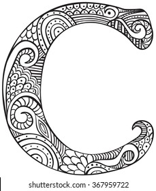 Hand drawn capital letter C in black - coloring sheet for adults