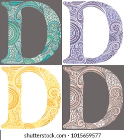 Hand drawn capital letter D in turquoise, purple, yellow and pink