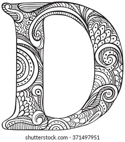 Hand Drawn Capital Letter D In Black - Coloring Sheet For Adults