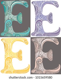 Hand drawn capital letter E in turquoise, purple, yellow and pink