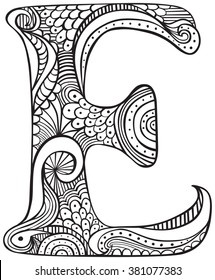 Hand Drawn Capital Letter E In Black - Coloring Sheet For Adults