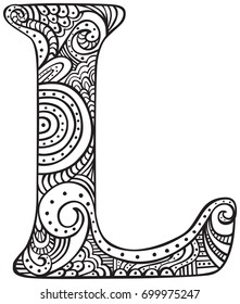 Hand Drawn Capital Letter L In Black - Coloring Sheet For Adults