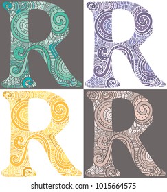 Hand drawn capital letter R in turquoise, purple, yellow and pink