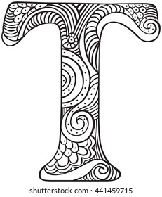 Hand drawn capital letter T in black - coloring sheet for adults