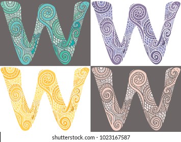 Hand drawn capital letter W in turquoise, purple, yellow and pink