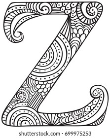 Hand drawn capital letter Z in black - coloring sheet for adults