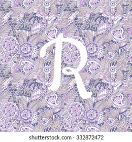 Hand drawn capital letter''R". Floral monogram style doodle. The original design . Perfect for backgrounds of posters, invitations, cards