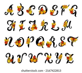 Hand drawn capital letters with autumn leaves. Latin alphabet letters.Vector illustration isolated on white background.