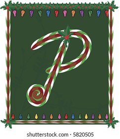 Hand drawn Capital P inspired by candy canes, with festive background. File contains no gradients.