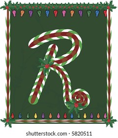 Hand drawn Capital R inspired by candy canes, with festive background. File contains no gradients.