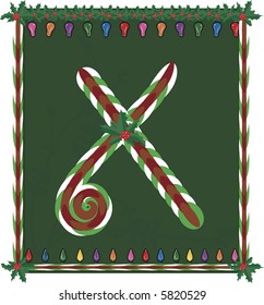 Hand drawn Capital X inspired by candy canes, with festive background. File contains no gradients.