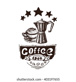 Hand Drawn Cappuccino And Coffee Maker Vector Illustration. Cappuccino And Coffee Maker Vintage Logo.