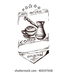 Hand Drawn Cappuccino And Coffee Maker Vector Illustration. Cappuccino And Maker Maker Vintage Logo.