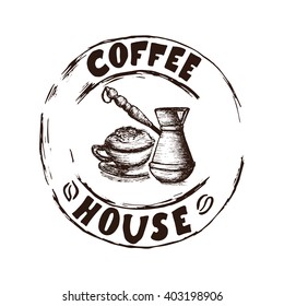 Hand Drawn Cappuccino And Coffee Maker Vector Illustration. Cappuccino And Maker Maker Vintage Logo.