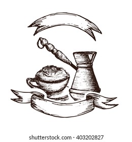 Hand Drawn Cappuccino And Coffee Maker Vector Illustration. Cappuccino And Coffee Maker Vintage Logo.