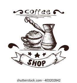 Hand Drawn Cappuccino And Coffee Maker Vector Illustration. Cappuccino And Coffee Maker Vintage Logo.