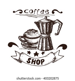 Hand Drawn Cappuccino And Coffee Maker Vector Illustration. Cappuccino And Coffee Maker Vintage Logo.