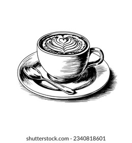 hand drawn cappuccino cup on a saucer, sketchfab, historical illustrations
