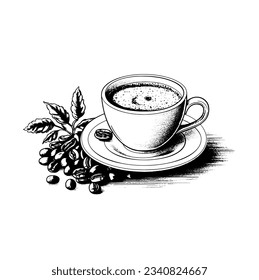 hand drawn cappuccino cup on a saucer and beans, vector image, vintage, historical illustrations,