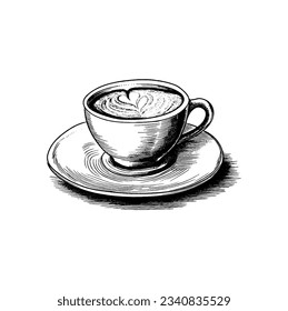 hand drawn cappuccino cup on a saucer, vector image, historical illustrations, black and white