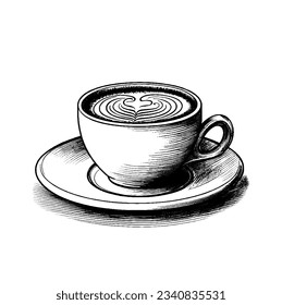 taza cappuccino dibujada a mano sobre un platillo, imagen vectorial, ilustraciones históricas, blanco y negro