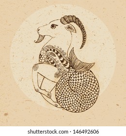 Hand drawn Capricorn with elements of the ornament in ethnic style. Zodiac sign. Vector illustration.