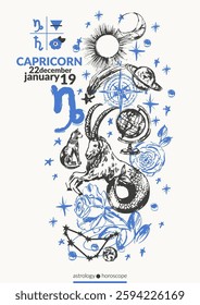 Hand drawn capricorn zodiac signs illustration, horoscope background with astrology symbols and talismans. Comet, planets, sun, moon, star constellations.