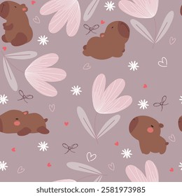 Hand drawn capubara, tulips and hearts, seamless pattern. Cute pattern with animals for Valentine's Day.
