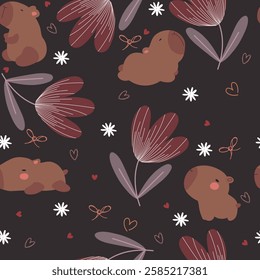 Hand drawn capubara, tulips, small white flowers and hearts on black background, seamless pattern. Cute pattern with animals for Valentine's Day.