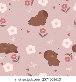 Hand drawn capybara, flowers, and hearts. Vector illustration with cute animal and flowers for Valentine's day.