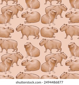 Hand drawn capybara pattern. Three different capybaras collection