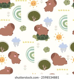 Hand drawn capybara, rainbows , clouds and sun, kids illustration.