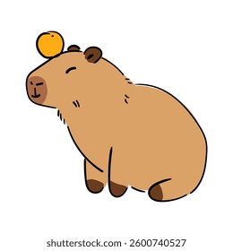 Hand drawn Capybara sitting with orange on head, flat vector illustration on white background