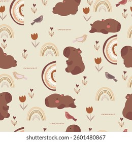 Hand drawn capybaras, birds, rainbows and flowers. Seamles pattern with cute animals.
