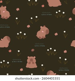 Hand drawn capybaras pattern with flowers,  and hearts on dark background. 