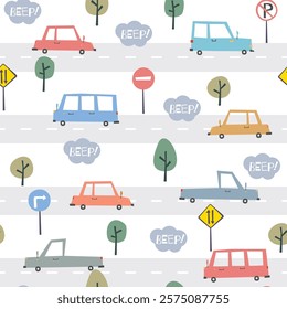 Hand drawn car childish seamless pattern with traffic signs, tree and beep lettering. Suitable  for children fashion, textile and other media. vector illustration