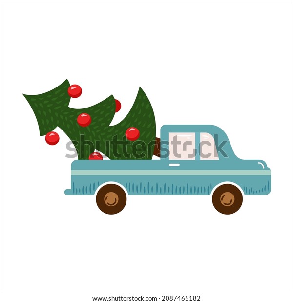 Hand drawn car with Christmas tree. Vector\
illustration in cartoon\
style