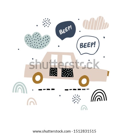 Hand drawn car with clouds and beep sign in scandinavian style isolated on white. Perfect for t-shirt print design and textile. Minimalistic kids car illustration.
