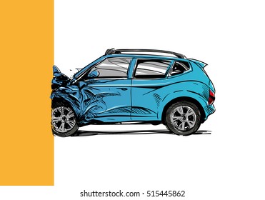 Hand drawn car crash illustration. Auto accident sketch, vector design