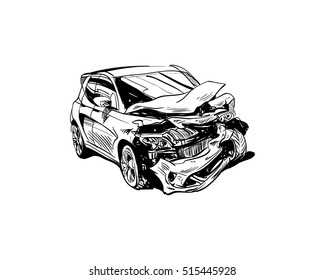 Hand drawn car crash illustration. Auto accident sketch, vector design