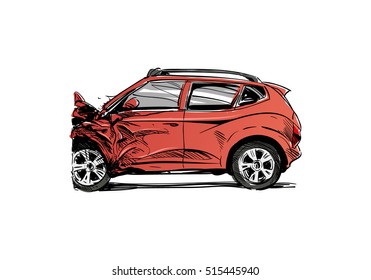 Hand Drawn Car Crash Illustration. Auto Accident Sketch, Vector Design