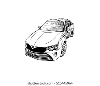 Hand drawn car crash illustration. Auto accident sketch, vector design
