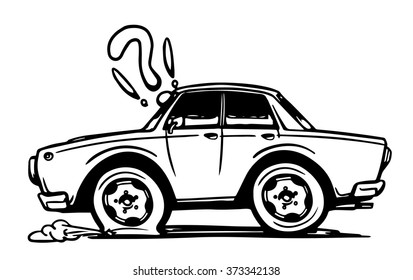 Hand drawn car with a flat tire. Vector illustration