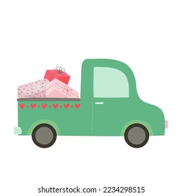 Hand drawn car with gift boxes. Doodle style. Design element for holidays cards, invitations, banners, sale concepts. Isolated vector illustration 