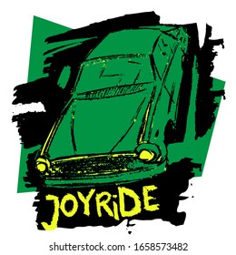 Hand drawn car illustration. Vector T-shirt design with the text joyride.