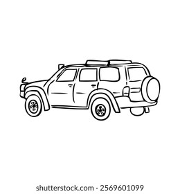 Hand drawn car, ink pen vector illustration jeep isolated on white background, outline sign for travel design