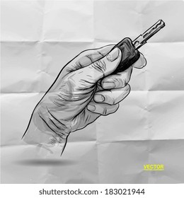 hand drawn of Hand with a car key on crumpled paper background 
